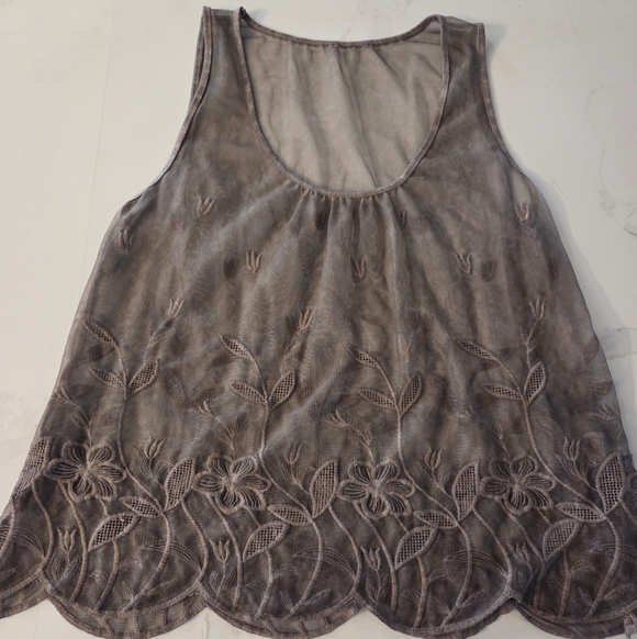 Tops - Made In Italy Sheer Floral Embroidered Gorgeous Taupe Tank Top